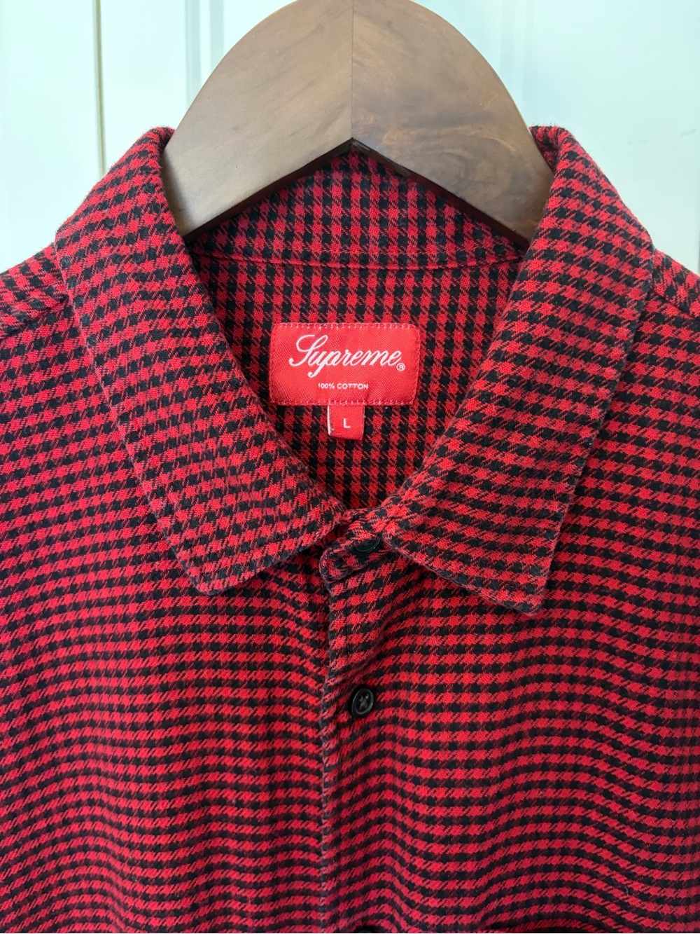 Supreme Plaid Red and Black Houndstooth Long-Sleeve Button Down Cotton Shirt